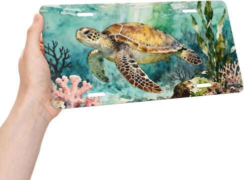 Sea Turtle Coral Seaweed Seabed Front License Plate Car Decorative License Plates Aluminum Metal Decor Accessory Novelty Vanity Tag Cover with 4 Holes for Men Women 6" X 12" in Saudi Arabia