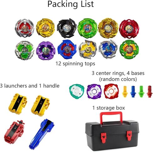 Gyro Battling Set, 12 Spinning Tops, 3 Launchers 1 Grip 3 Middle Rings and 4 Bases, with Storage Box, Kids Toys Birthday Gift Ideal for 6+ Years Old Boys,A in Saudi Arabia