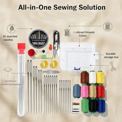 50 Pcs Big Eye Steel Sewing Needles Kit with Multicolor Threads, Needle Case, Scissors & Accessories for Beginners & Professionals in Saudi Arabia