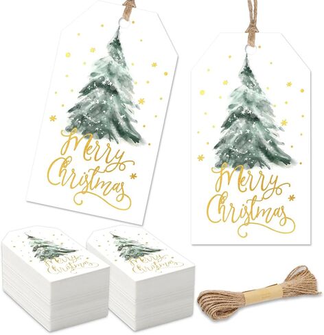 Whaline 100Pcs Merry Christmas Gold Foil Paper Gift Tags Watercolor Pine Tree Blank Hanging Labels with Hemp Rope for Xmas Winter Holiday Present DIY Crafts in Saudi Arabia