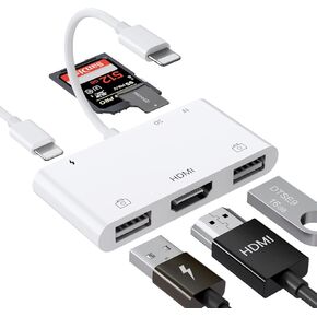 محول Lightning إلى HDMI مع كاميرا USB، وقارئ بطاقات TF وSD 6 في 1، ومنفذ شحن لهاتف iPhone - يدعم لوحة مفاتيح MIDI، والماوس، وتلفزيون HD/جهاز عرض/شاشة - متوافق مع iOS 16 in Kuwait