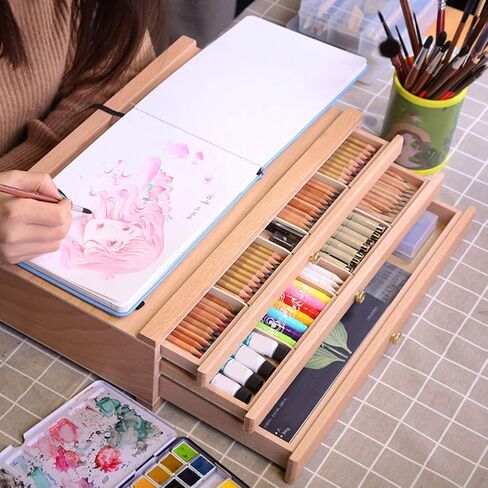 Pssopp 3 Drawer Box, Drawing Tool Box, Beech Wood Art Supply Storage Organizer, Portable Paint Brush Holder with Drawers for Paints, Brushes, Pencils in Saudi Arabia