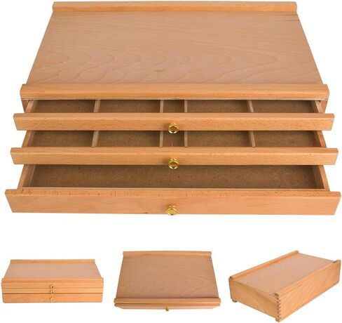 Pssopp 3 Drawer Box, Drawing Tool Box, Beech Wood Art Supply Storage Organizer, Portable Paint Brush Holder with Drawers for Paints, Brushes, Pencils in Saudi Arabia