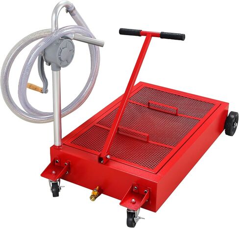 Low-Profile Oil Drain Pan - Industrial-Grade with Foldable Handle, Manual Rotary Pump & Mesh Grid | Heavy-Duty Oil Change Tool for Cars, SUVs, Trucks, ATVs (20 Gallon Hand Pump, Red) in Saudi Arabia