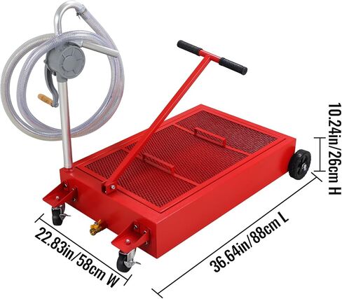 Low-Profile Oil Drain Pan - Industrial-Grade with Foldable Handle, Manual Rotary Pump & Mesh Grid | Heavy-Duty Oil Change Tool for Cars, SUVs, Trucks, ATVs (20 Gallon Hand Pump, Red) in Saudi Arabia