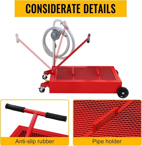 Low-Profile Oil Drain Pan - Industrial-Grade with Foldable Handle, Manual Rotary Pump & Mesh Grid | Heavy-Duty Oil Change Tool for Cars, SUVs, Trucks, ATVs (20 Gallon Hand Pump, Red) in Saudi Arabia