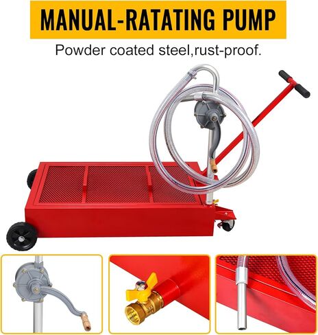 Low-Profile Oil Drain Pan - Industrial-Grade with Foldable Handle, Manual Rotary Pump & Mesh Grid | Heavy-Duty Oil Change Tool for Cars, SUVs, Trucks, ATVs (20 Gallon Hand Pump, Red) in Saudi Arabia