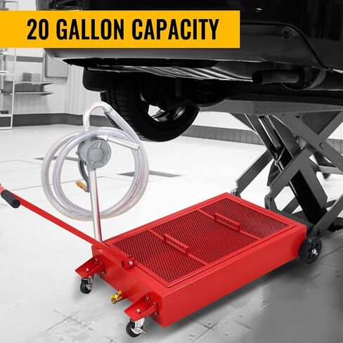 Low-Profile Oil Drain Pan - Industrial-Grade with Foldable Handle, Manual Rotary Pump & Mesh Grid | Heavy-Duty Oil Change Tool for Cars, SUVs, Trucks, ATVs (20 Gallon Hand Pump, Red) in Saudi Arabia