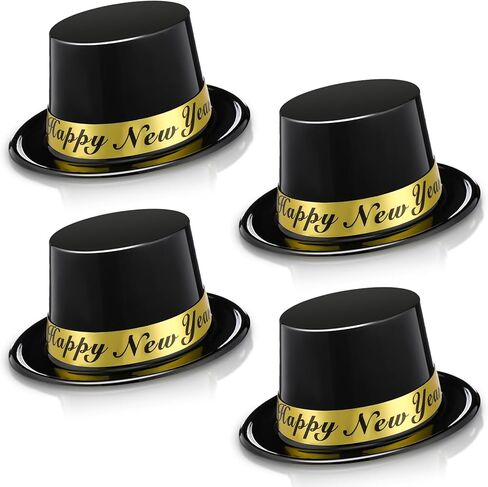 Geyoga 4 قطع Happy New Years Top Hat 2026 Eve Party قبعات احتفالات بلاستيكية سوداء لحفلات رأس السنة الجديدة لوازم الحفلات التنكرية in Saudi Arabia