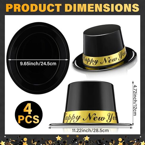 Geyoga 4 قطع Happy New Years Top Hat 2026 Eve Party قبعات احتفالات بلاستيكية سوداء لحفلات رأس السنة الجديدة لوازم الحفلات التنكرية in Saudi Arabia