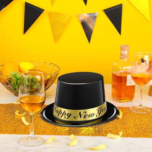 Geyoga 4 قطع Happy New Years Top Hat 2026 Eve Party قبعات احتفالات بلاستيكية سوداء لحفلات رأس السنة الجديدة لوازم الحفلات التنكرية in Saudi Arabia