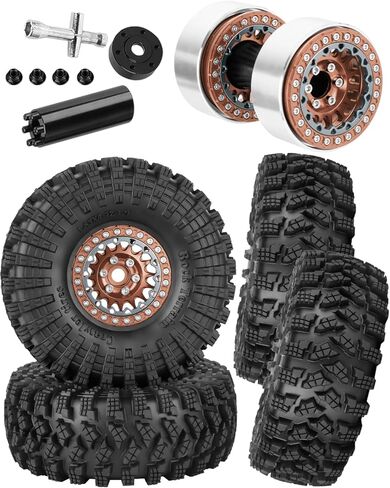 عجلات وإطارات RC 1.9 بوصة من Beadlock لـ 1/10 RC Crawler SCX10 90046 AX103007 TRX4 TRX6 VS4-10 Red cat Gen8 7 MST CFX RC 4WD D90، عجلات 1.9 مزدوجة من Beadlock إطارات مطاطية من الألومنيوم، برونزية in Kuwait