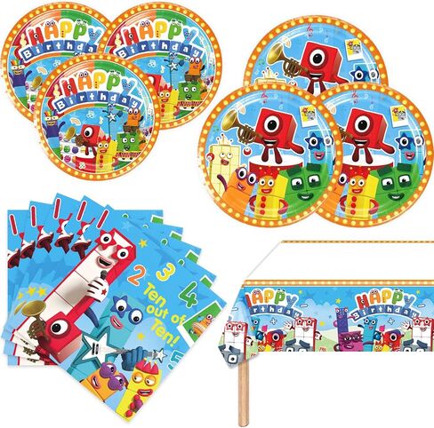 Number Blocks Party Supplies 41Pack include 20 plates, 20 napkins 1 tablecloth for birthday party Decoration (Block) in Saudi Arabia