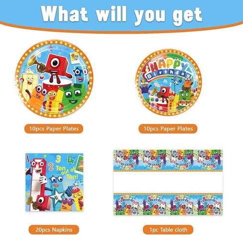 Number Blocks Party Supplies 41Pack include 20 plates, 20 napkins 1 tablecloth for birthday party Decoration (Block) in Saudi Arabia