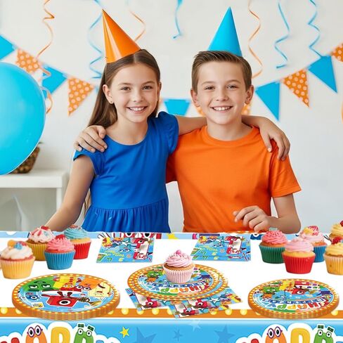 Number Blocks Party Supplies 41Pack include 20 plates, 20 napkins 1 tablecloth for birthday party Decoration (Block) in Saudi Arabia