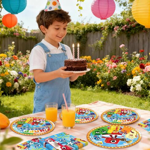 Number Blocks Party Supplies 41Pack include 20 plates, 20 napkins 1 tablecloth for birthday party Decoration (Block) in Saudi Arabia