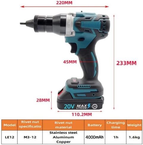 Cordless Electric Rivet Gun for M3/M4/M5/M6/M8/M10/M12 Rivet Nutserts Rechargeable Portable Automatic Rivet Gun with LED Light,2200mAh in Saudi Arabia