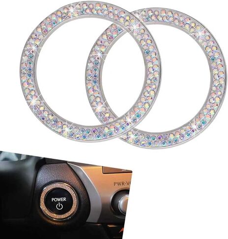 2PCS Double Rhinestone Car Engine Start Stop Decoration Ring, Bling Crystal Auto Push to Start Button Cover Sticker, Key Ignition Knob Ring, Interior Accessories for Women (Black) in Saudi Arabia