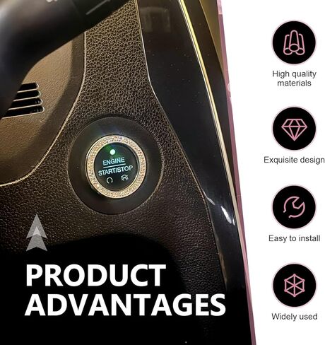 2PCS Double Rhinestone Car Engine Start Stop Decoration Ring, Bling Crystal Auto Push to Start Button Cover Sticker, Key Ignition Knob Ring, Interior Accessories for Women (Black) in Saudi Arabia