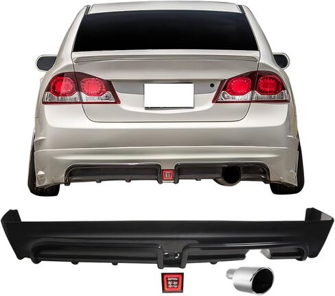 شفة مصد خلفي + ضوء فرامل شفاف + طرف كاتم صوت متوافق مع 2006-2011 HONDA CIVIC 4 أبواب، فاصل سبويلر خلفي أسود من البولي يوريثان من IKON MOTORSPORTS، 2007 2008 2009 2010 in Kuwait
