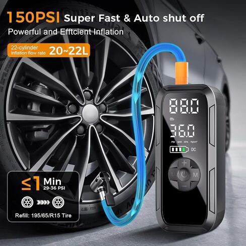 Portable Air Compressor for Car Tires,150PSI Cordless Tire Inflator,Rechargeable 12V DC Electric Pump with Digital Pressure Gauge, Auto Stop, LED Light for Bike, Motorcycle, Ball in Saudi Arabia