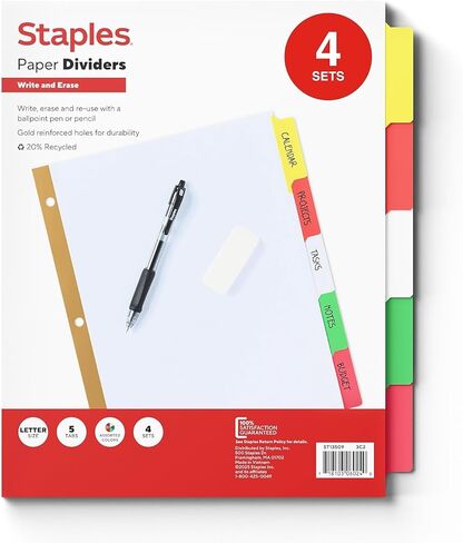 Staples Write & Erase Paper Divider, White, 8-Tabs, 4 Sets in Saudi Arabia