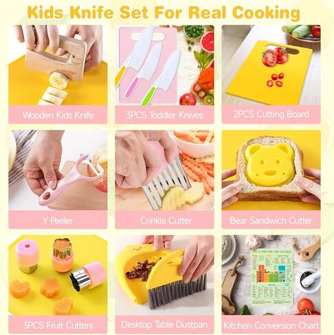 مجموعة سكاكين الأطفال Suhctuptx للطهي الحقيقي، سكاكين مطبخ للأطفال مع قطع لوح تقطيع مجعد ومخطط تحويل الطعام وأدوات التنظيف، هدايا عيد الميلاد وعيد الميلاد للأطفال الصغار للفتيات والأولاد من سن 2 إلى 10 سنوات in Kuwait