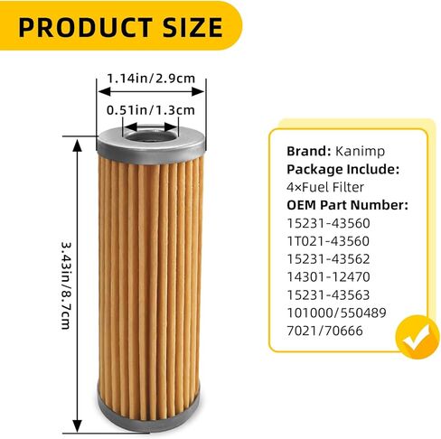 15231-43560 1T021-43560 فلتر الوقود متوافق مع كوبوتا جرار B1500 B2100 B4200 B5100 B6200 B7100 B9200 G3200 G4200 G5200 G6200، يستبدل 14301-12470، 15231-43562 (4 قطع) in Kuwait