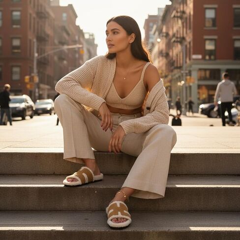 CUSHIONAIRE Cuddle Fur Slippers for Women Faux Shearling Slide Sandal +Memory Foam, Wide Widths Available in Saudi Arabia