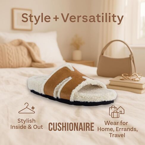 CUSHIONAIRE Cuddle Fur Slippers for Women Faux Shearling Slide Sandal +Memory Foam, Wide Widths Available in Saudi Arabia