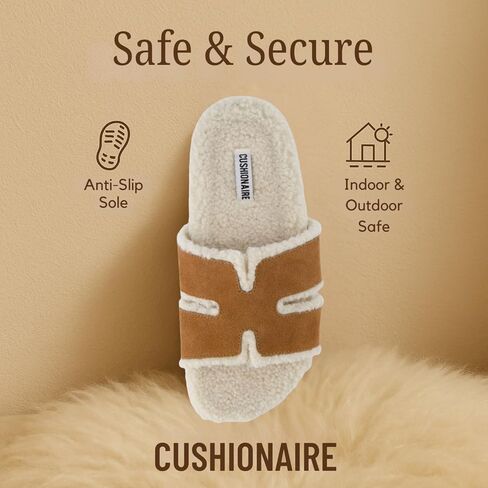 CUSHIONAIRE Cuddle Fur Slippers for Women Faux Shearling Slide Sandal +Memory Foam, Wide Widths Available in Saudi Arabia