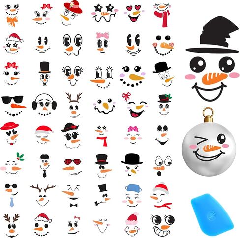50 PCS Snowman Face Rub on Transfers - Christmas PVC Snowman Face Decals for Ornaments, Glass Water Bottles, Cups, Windows, Festive Holiday Christmas Decorations (50Pcs Snowmen Faces) in Kuwait