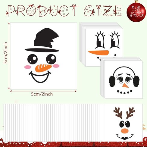 50 PCS Snowman Face Rub on Transfers - Christmas PVC Snowman Face Decals for Ornaments, Glass Water Bottles, Cups, Windows, Festive Holiday Christmas Decorations (50Pcs Snowmen Faces) in Kuwait