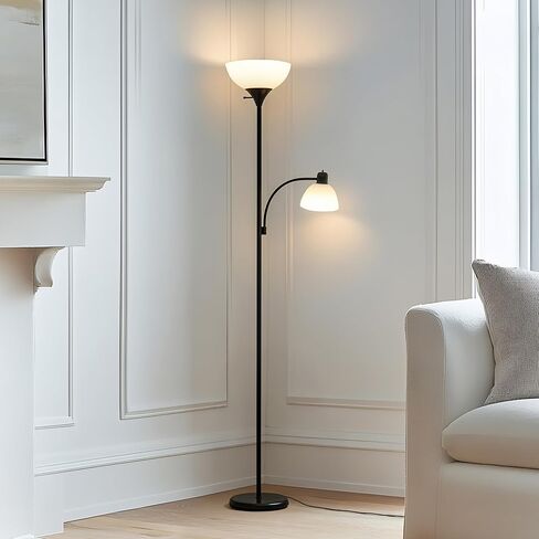 Brightech Sky Dome Plus LED Floor lamp, Torchiere Super Bright Floor Lamp with Reading Lamp for Living Rooms & Offices - Dimmable Tall Standing Lamp for Bedroom Reading - Black in Kuwait