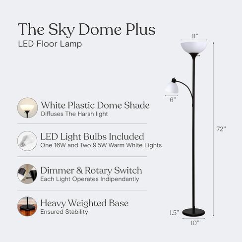 Brightech Sky Dome Plus LED Floor lamp, Torchiere Super Bright Floor Lamp with Reading Lamp for Living Rooms & Offices - Dimmable Tall Standing Lamp for Bedroom Reading - Black in Kuwait