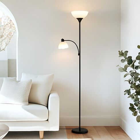 Brightech Sky Dome Plus LED Floor lamp, Torchiere Super Bright Floor Lamp with Reading Lamp for Living Rooms & Offices - Dimmable Tall Standing Lamp for Bedroom Reading - Black in Kuwait