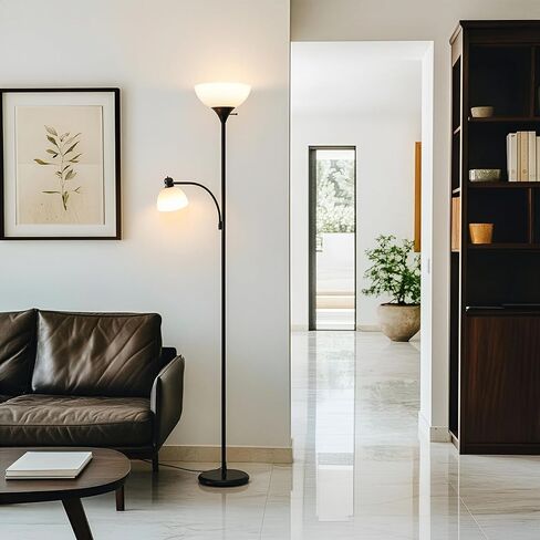 Brightech Sky Dome Plus LED Floor lamp, Torchiere Super Bright Floor Lamp with Reading Lamp for Living Rooms & Offices - Dimmable Tall Standing Lamp for Bedroom Reading - Black in Kuwait