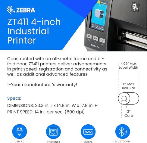 طابعة صناعية حرارية Zebra ZT411 مقاس 4 بوصات | 300 نقطة في البوصة | لا يتطلب حبر | بلوتوث، USB، تسلسلي، إيثرنت | شاشة LCD ملونة تعمل باللمس | ضمان لمدة سنة | نقل حراري in Saudi Arabia