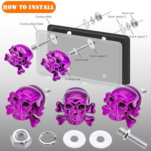 Skull License Plate Screws Kit (4 Pack) - Universal Fit for Cars, Trucks, Motorcycles - Stainless Steel Anti-Theft Bolts with Decorative Purple Skull Caps in Saudi Arabia
