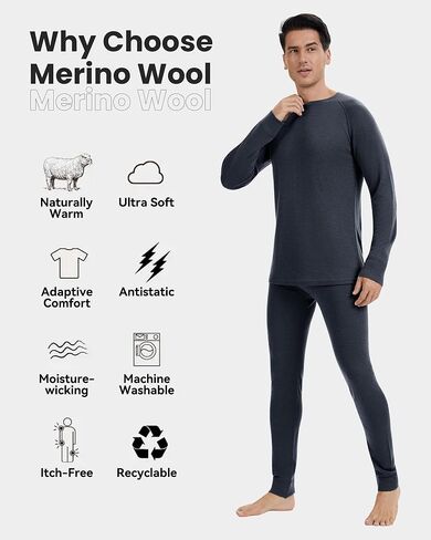 woolcano Men's 100% Merino Wool Base Layer Sets Lightweight Active Base Layer for Ski in Kuwait