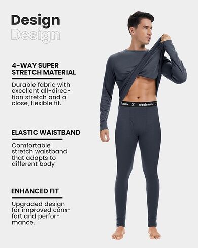 woolcano Men's 100% Merino Wool Base Layer Sets Lightweight Active Base Layer for Ski in Kuwait