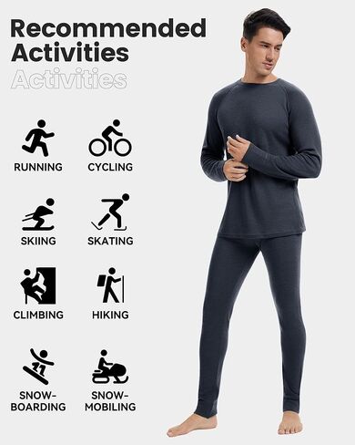 woolcano Men's 100% Merino Wool Base Layer Sets Lightweight Active Base Layer for Ski in Kuwait