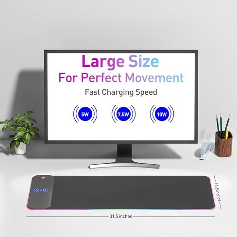 لوحة ماوس ألعاب RGB للشحن اللاسلكي بقدرة 10 وات، 10 أوضاع إضاءة لوحة ماوس كبيرة جدًا، بساط ماوس LED 800 × 300 × 4 مم، قاعدة مطاطية غير قابلة للانزلاق للوحة مفاتيح الكمبيوتر للألعاب، الكمبيوتر الشخصي، الكمبيوتر المحمول، ماك بوك، المكتب. in Kuwait