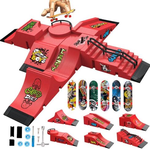 مجموعة منحدر لوح تزلج 6 في 1، حديقة لوح تزلج بالأصابع، تدريب صغير على التزلج على الجليد للخدع السريعة والقفزات العالية، للأماكن الداخلية والخارجية (أحمر) in Kuwait