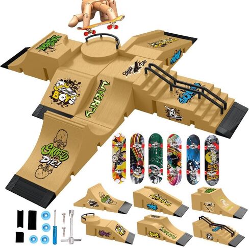 مجموعة منحدر لوح تزلج 6 في 1، حديقة لوح تزلج بالأصابع، تدريب صغير على التزلج على الجليد للخدع السريعة والقفزات العالية، للأماكن الداخلية والخارجية (أحمر) in Kuwait