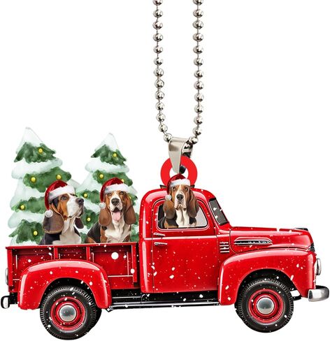 Talataca Basset Hound مع عيد الميلاد الأحمر شاحنة الصنوبر شجرة 2D شقة سيارة مرآة الرؤية الخلفية الملحقات شجرة عيد الميلاد زخرفة الديكور شنقا سحر الداخلية الرؤية الخلفية قلادة ديكور هدية in Kuwait