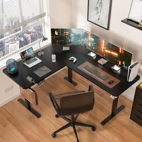 مكتب قائم على شكل حرف L مع منفذ شحن USB و4 أدراج، مكاتب زاوية كهربائية قابلة للتعديل بارتفاع 63 × 55 بوصة مع صينية لوحة المفاتيح والتخزين، مكتب كمبيوتر L لمكتب الألعاب in Kuwait