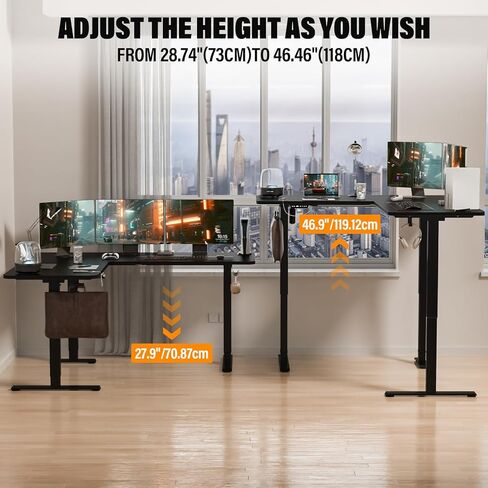 مكتب قائم على شكل حرف L مع منفذ شحن USB و4 أدراج، مكاتب زاوية كهربائية قابلة للتعديل بارتفاع 63 × 55 بوصة مع صينية لوحة المفاتيح والتخزين، مكتب كمبيوتر L لمكتب الألعاب in Kuwait