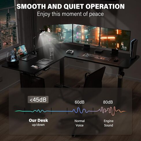 مكتب قائم على شكل حرف L مع منفذ شحن USB و4 أدراج، مكاتب زاوية كهربائية قابلة للتعديل بارتفاع 63 × 55 بوصة مع صينية لوحة المفاتيح والتخزين، مكتب كمبيوتر L لمكتب الألعاب in Kuwait