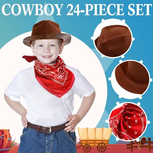 24 Pieces Western Cowboy Hat Set, Felt Cowboy Themed Party Hats with Paisley Bandanas for Adult Kids Cowboy Costume Party in Saudi Arabia